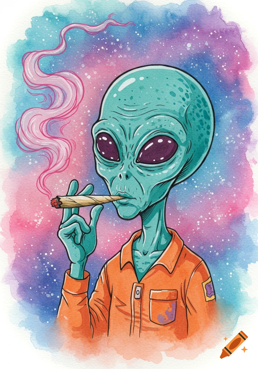 Watercolor illustration of an alien smoking a joint in a galaxy background.