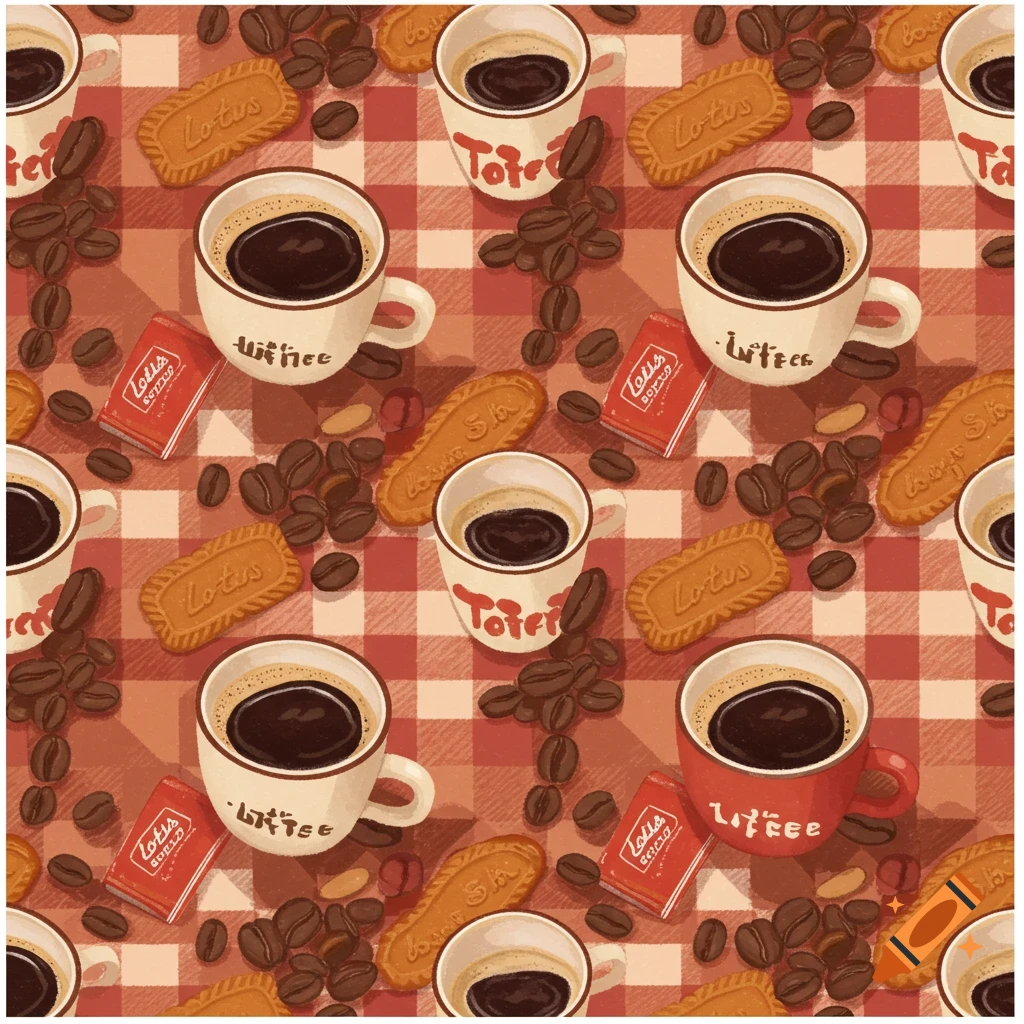 Retro pattern of coffee mugs, beans, and Lotus biscuits on a checkered tablecloth.