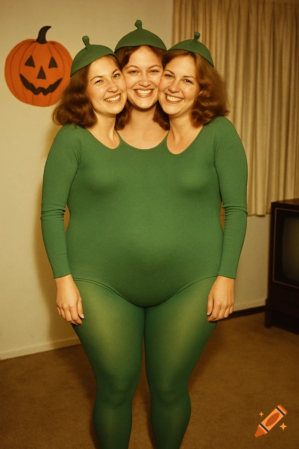 1970s Halloween photo of three women in a green bodysuit illusion with a pumpkin decoration.