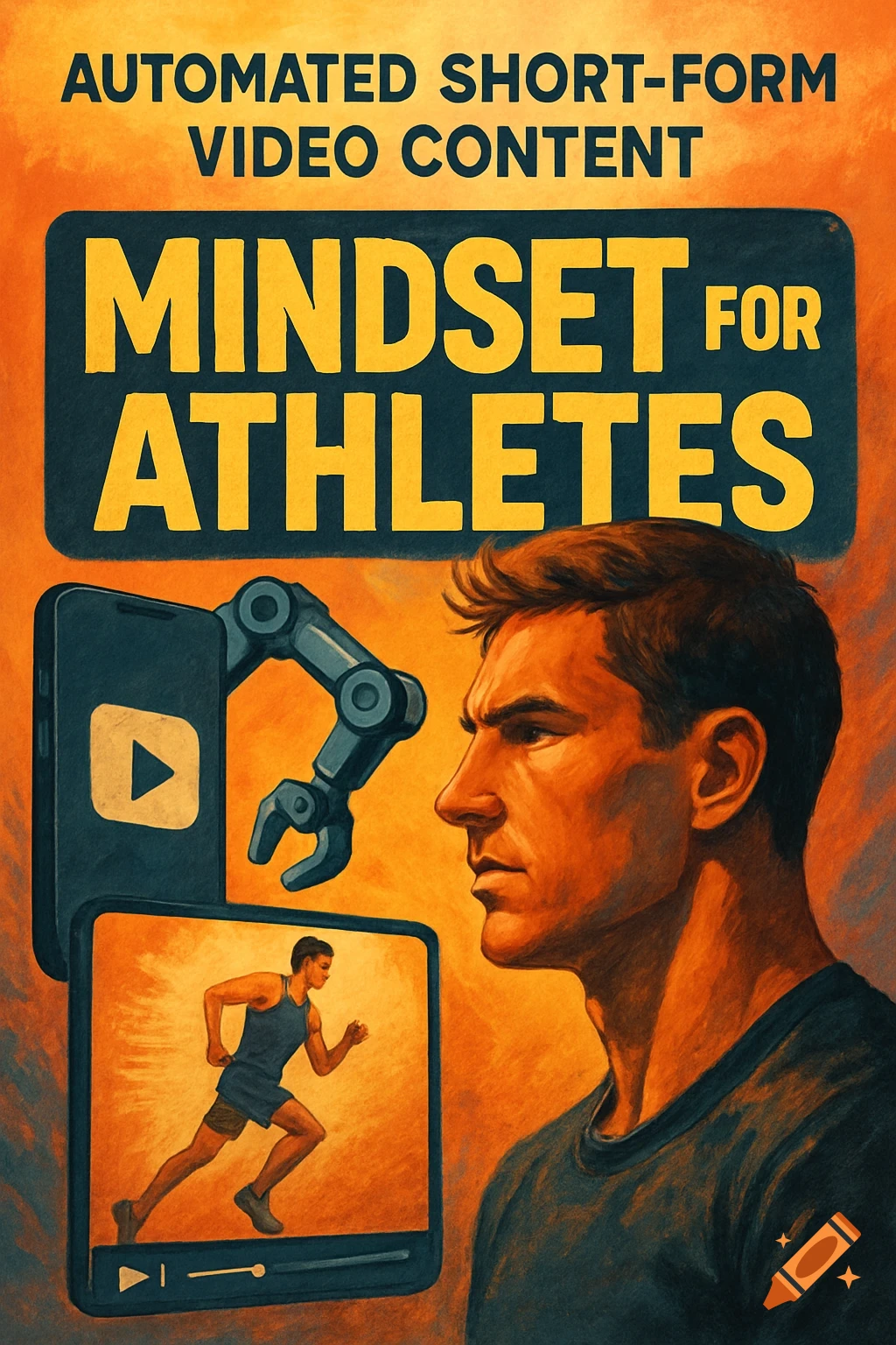 Graphic illustration of a man looking at a phone with a running video and text overlay about mindset for athletes.