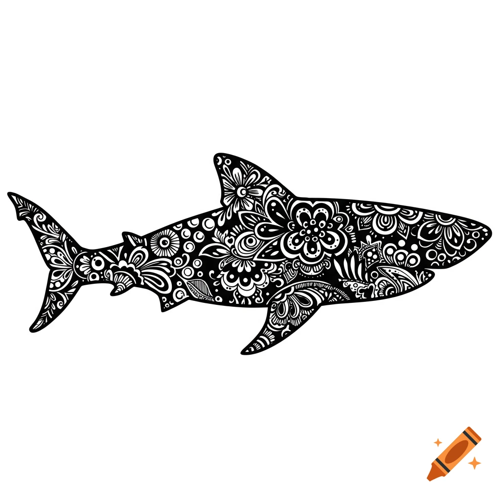 Black and white illustration of a shark filled with decorative floral and geometric patterns.