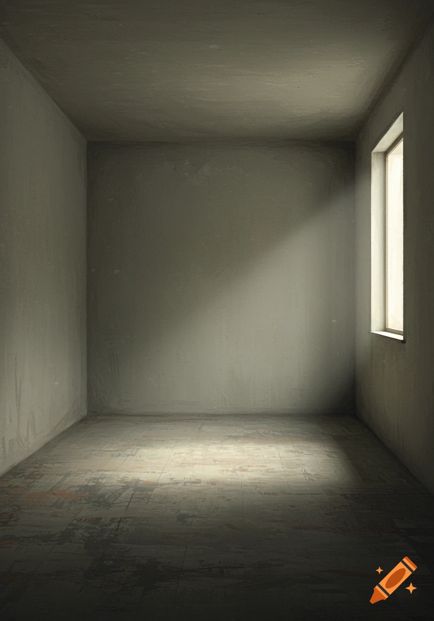 An empty, textured room with light streaming through a window onto the floor.