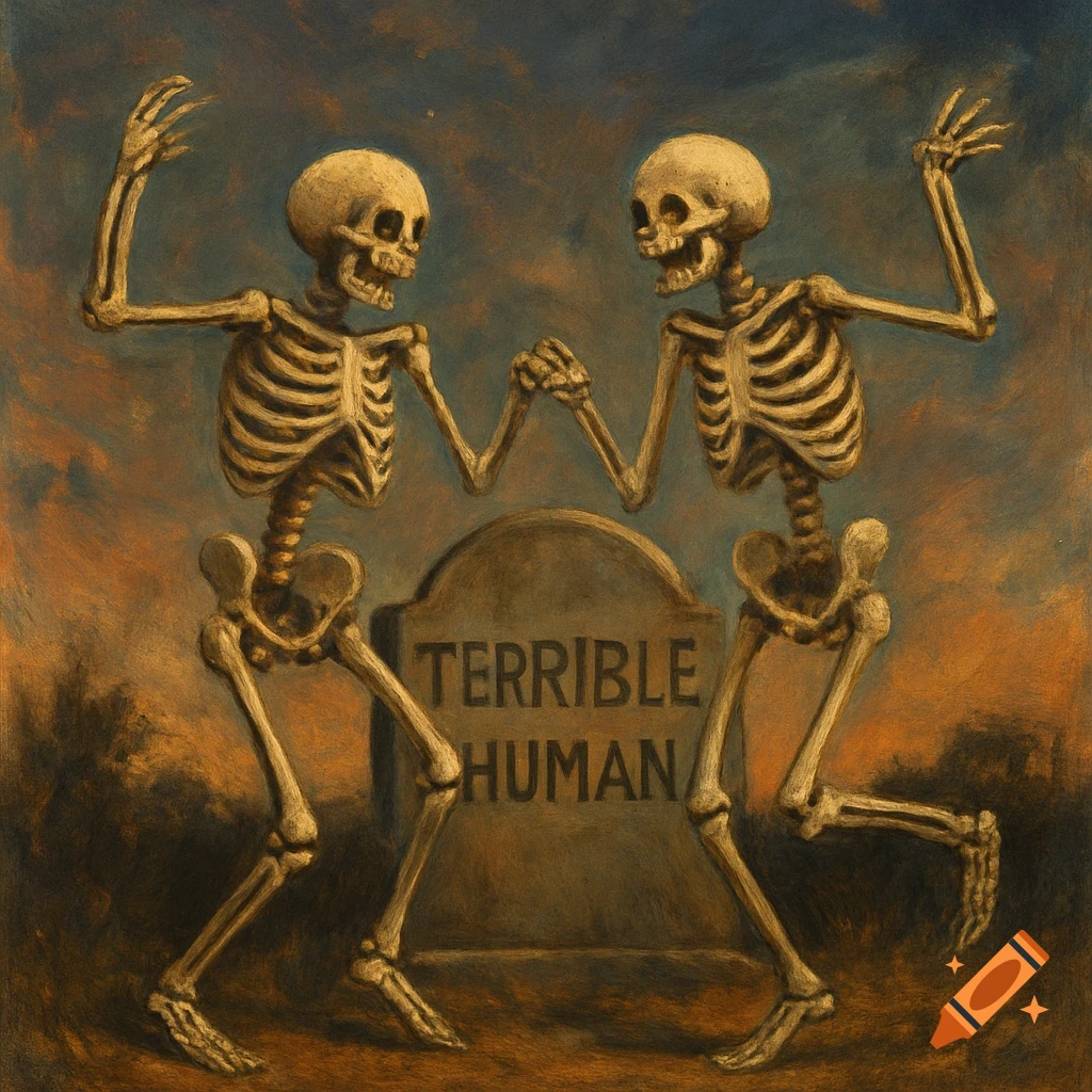Two skeletons dance in front of a tombstone marked "Terrible Human" in a painterly style.