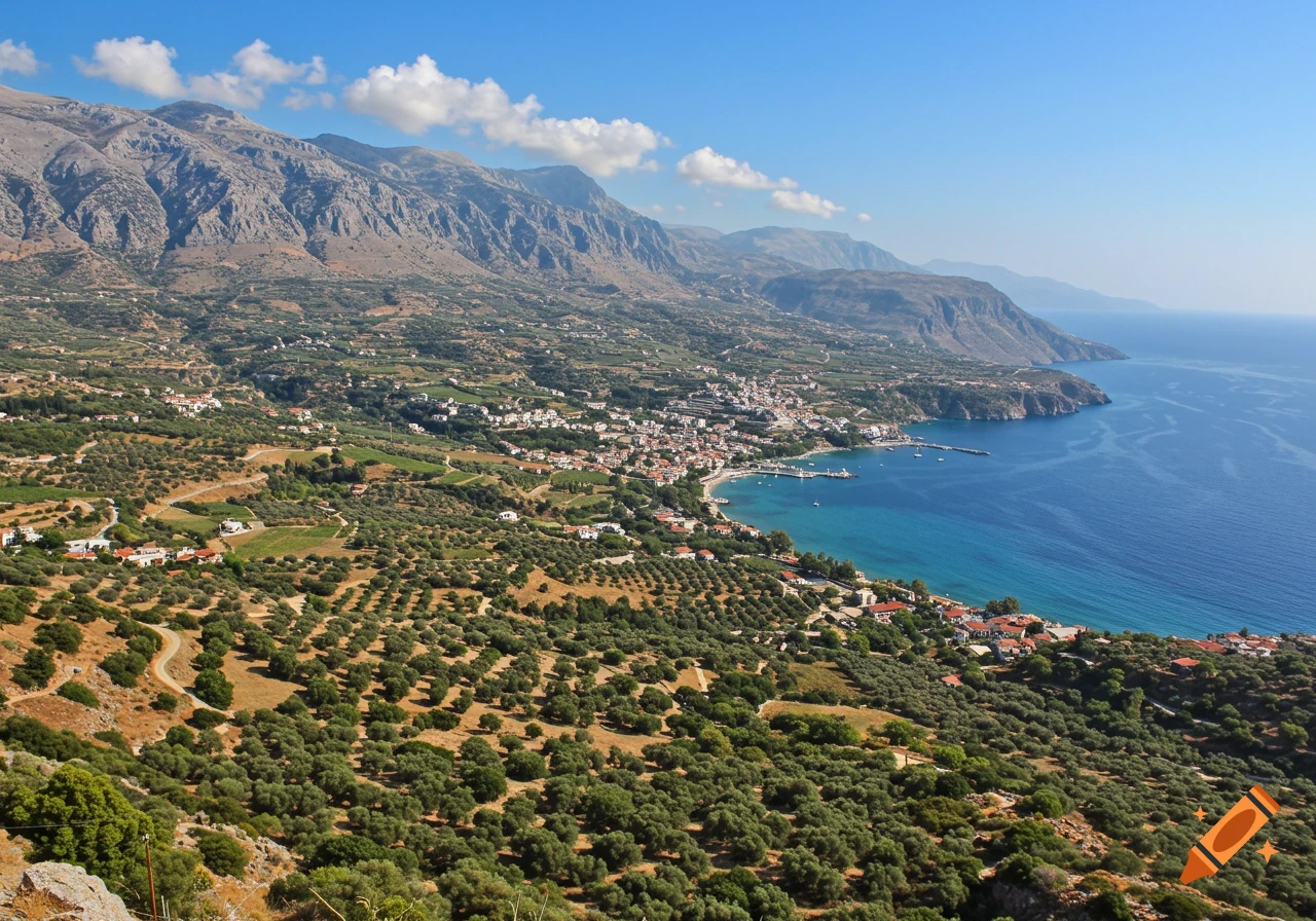 Photorealistic view of a coastal town nestled between mountains and the sea, with olive groves on the hillside.