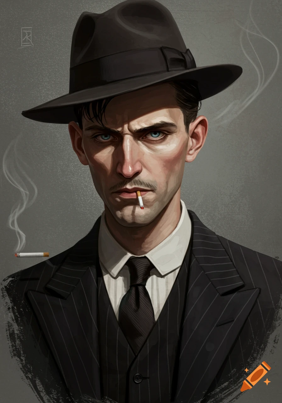 A stylized portrait of a man in a suit and fedora hat, smoking a cigarette.