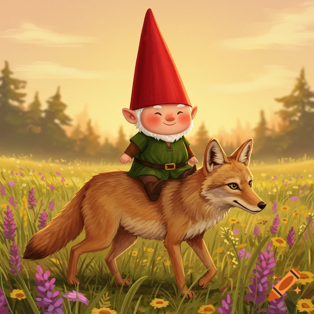 A cute gnome with a large red hat rides a coyote through a field of colorful wildflowers at sunset.