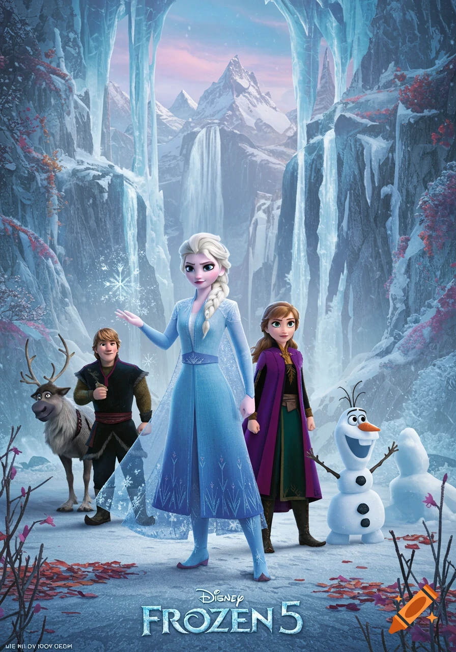 Movie poster featuring Elsa, Anna, Kristoff, Sven, and Olaf in an icy winter landscape.