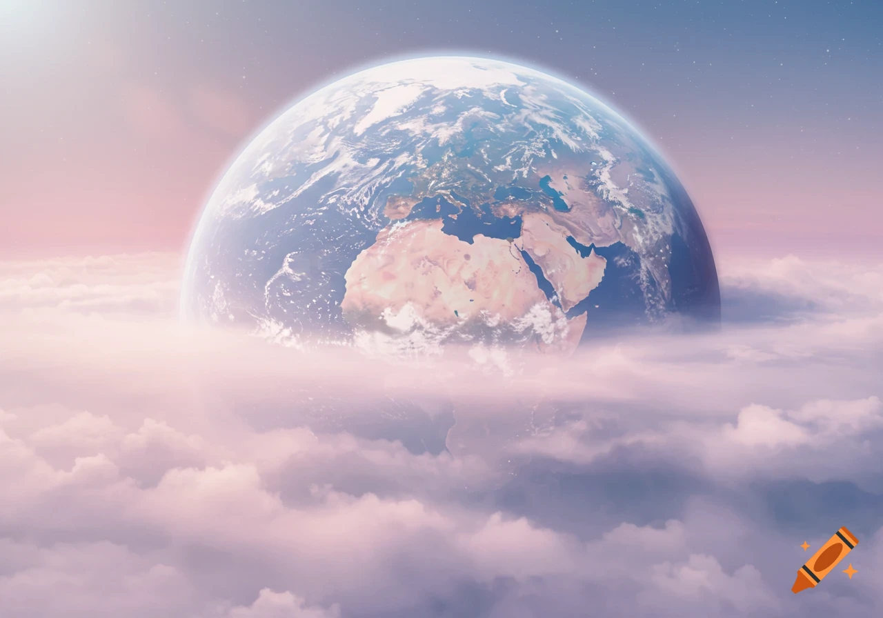 View of Earth from space surrounded by clouds.