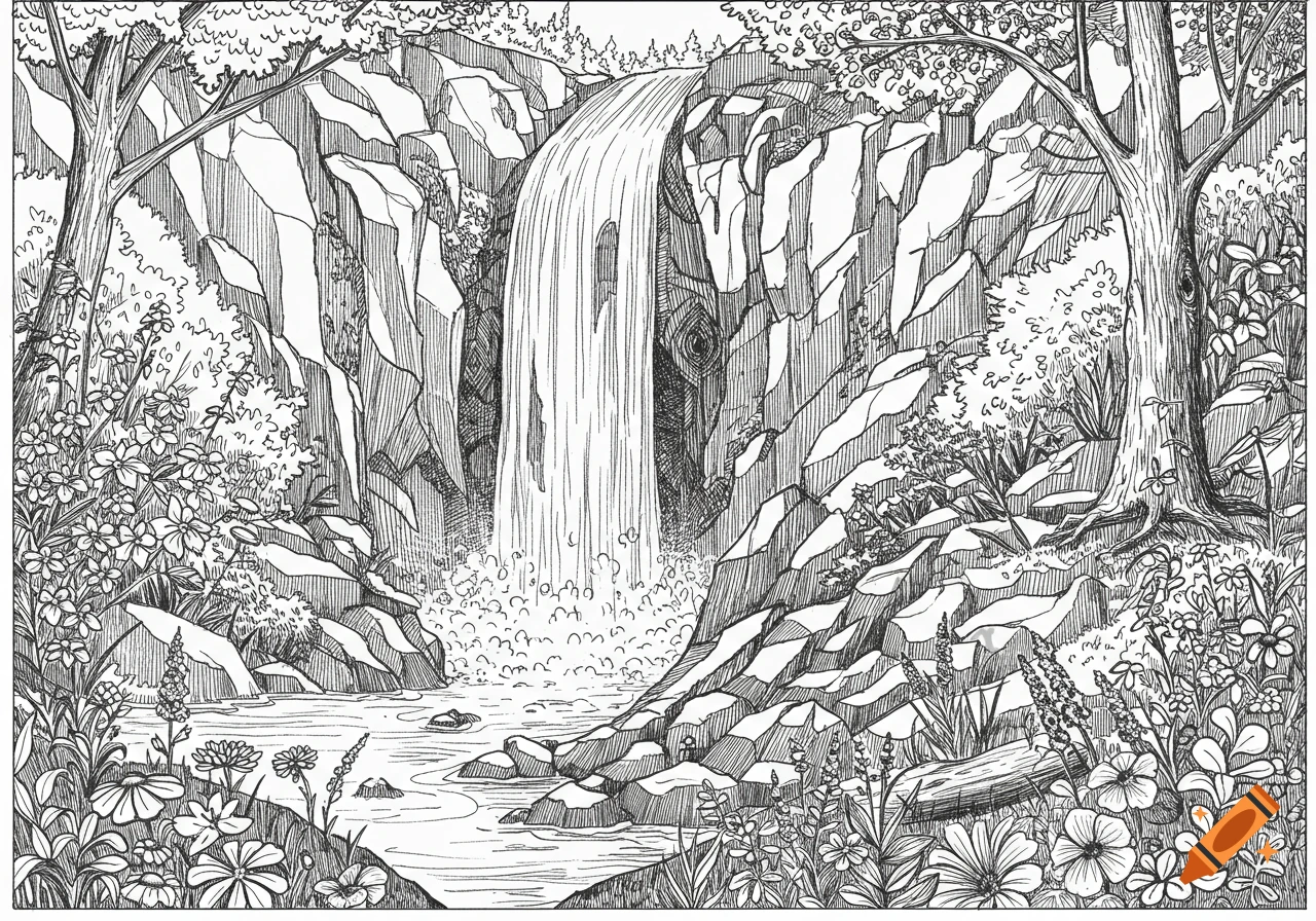 Black and white line drawing of a waterfall cascading down rocks into a stream in a forest.