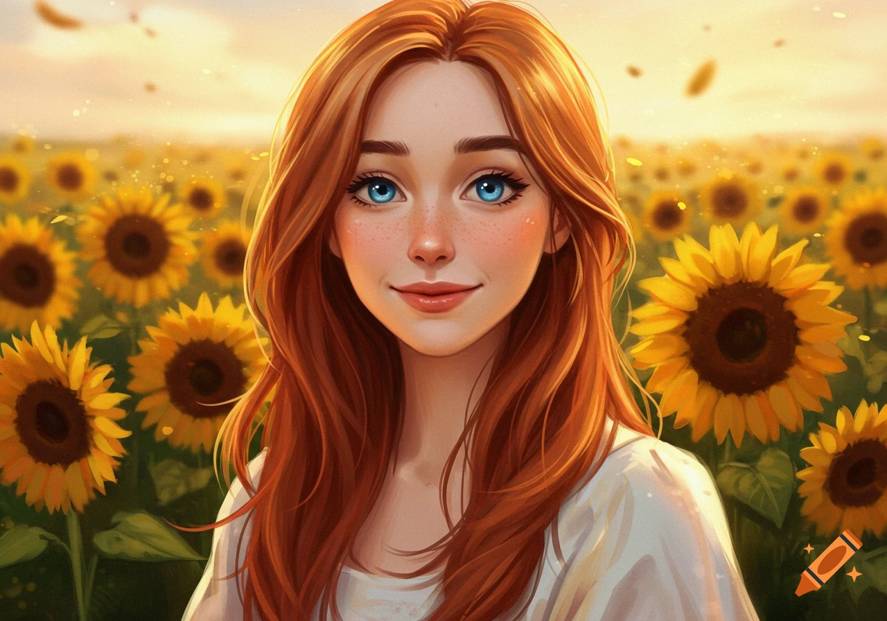 Illustration of a red-haired girl with blue eyes smiling in a field of sunflowers.