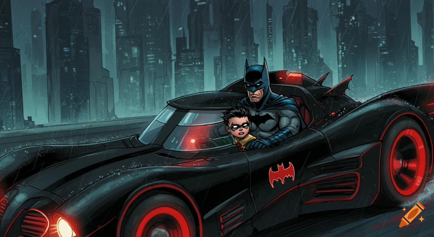 Comic book illustration of Batman and Robin in the Batmobile driving through a rainy city street.