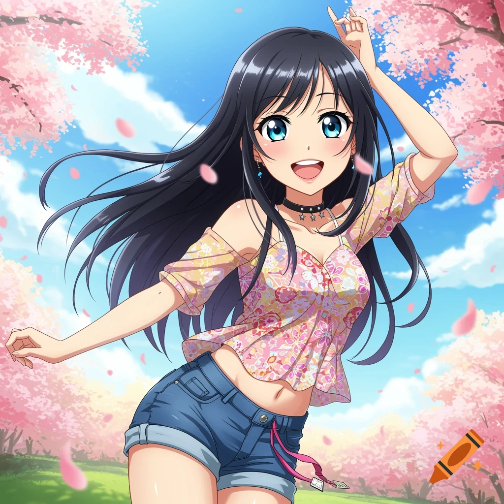 Anime girl with dark hair smiles among pink cherry blossoms under a blue sky