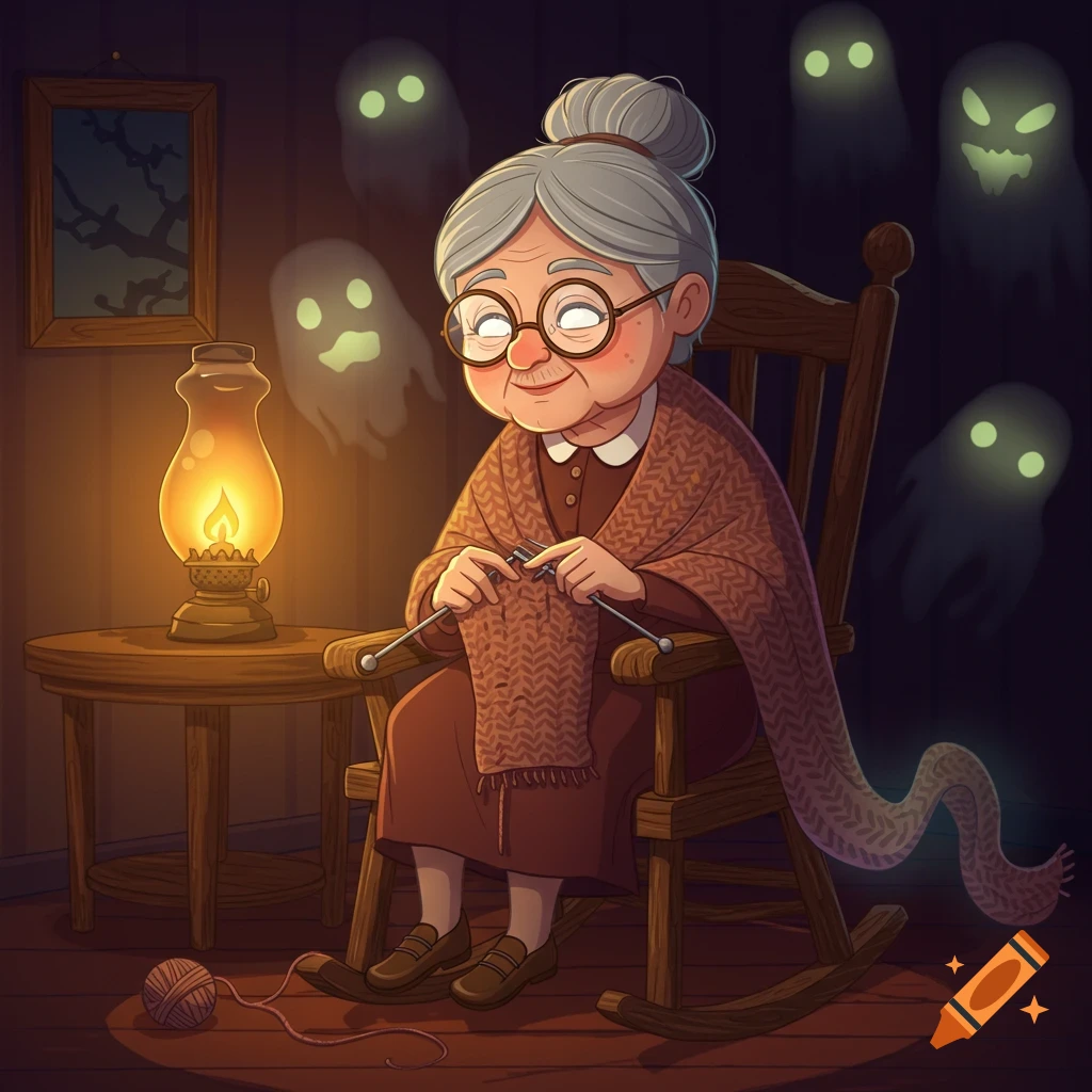 Cartoon grandma knitting in a rocking chair with ghosts floating around her.