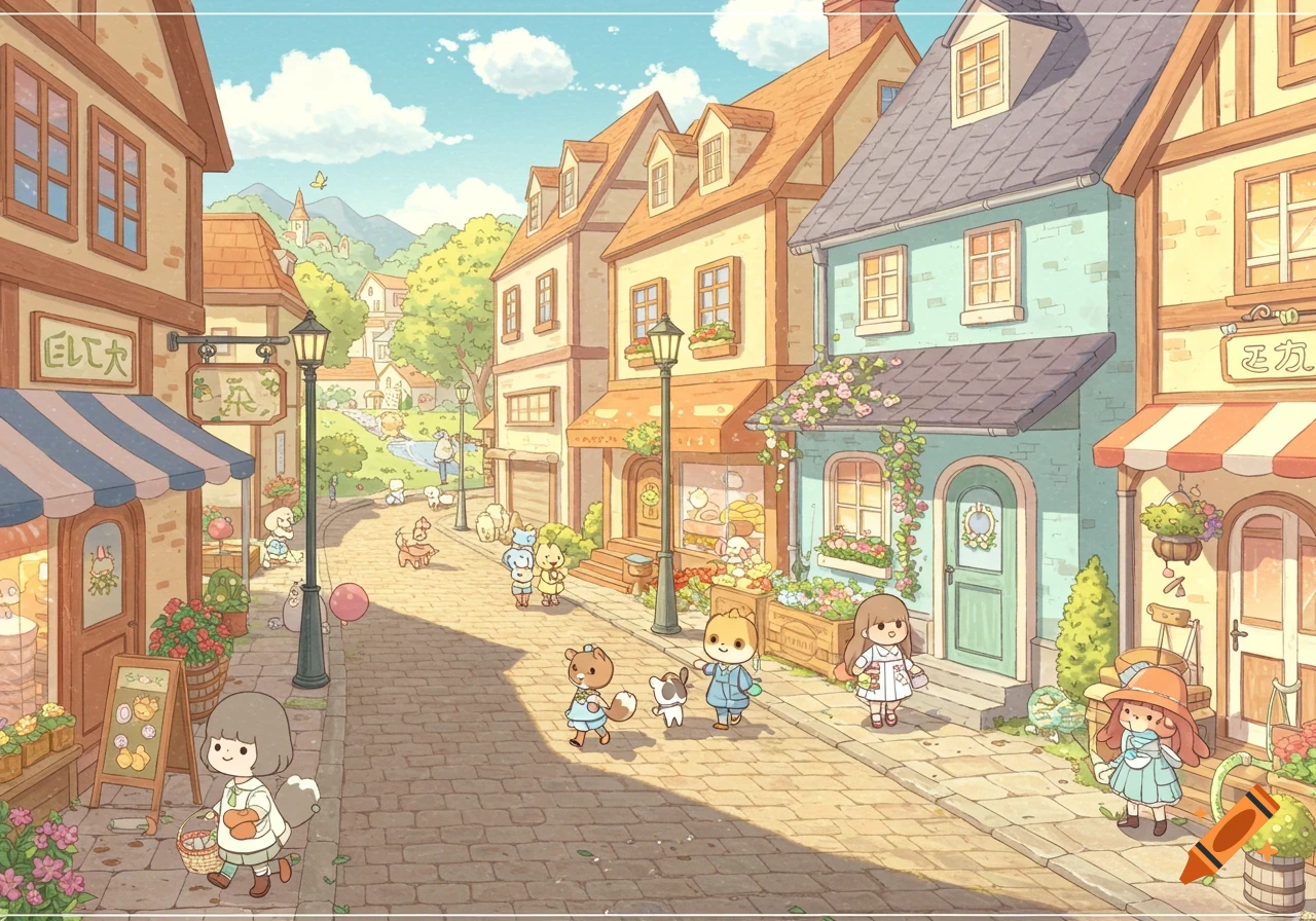 A cute cartoon street scene in a small town with shops, people, and anthropomorphic animal characters walking.