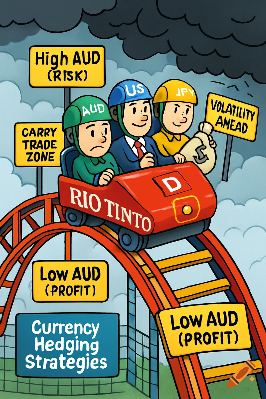 Cartoon of people representing AUD, USD, JPY currencies on a rollercoaster labeled Rio Tinto with signs about trading risks and profits.