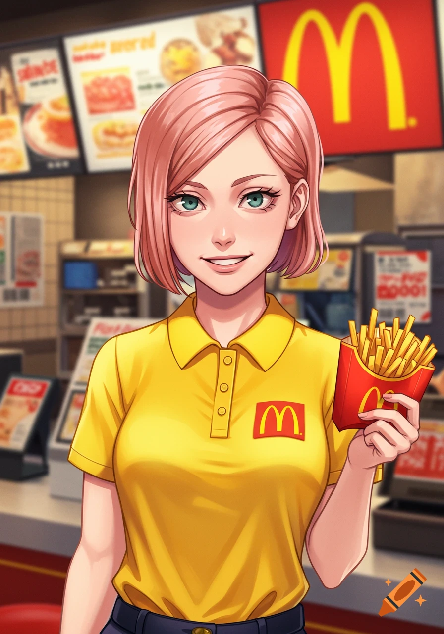 Anime illustration of a person in a yellow polo shirt holding a box of french fries in a fast food restaurant.