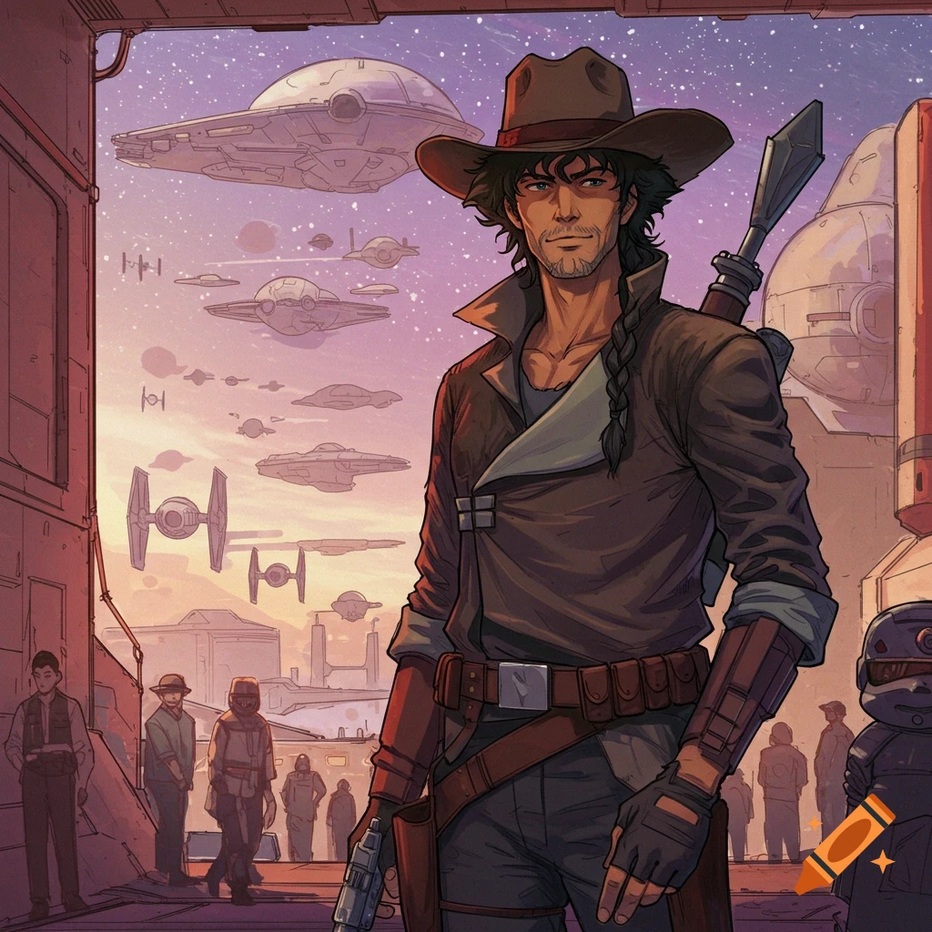 Illustrative portrait of a man in a hat and jacket in a spaceport with spaceships flying overhead
