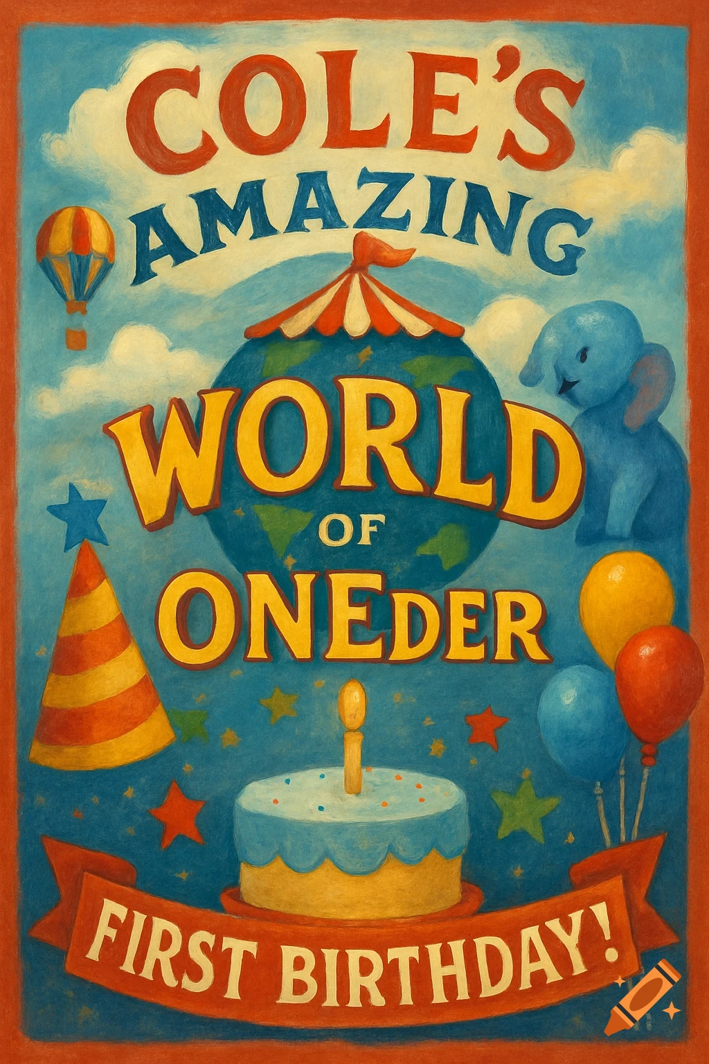 Vintage style birthday invitation poster with text COLE'S AMAZING WORLD OF ONEDER FIRST BIRTHDAY, globe, elephant, cake