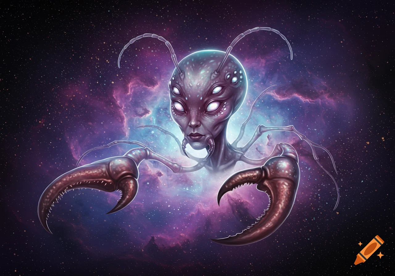 An alien creature with multiple eyes and ant-like pincers floats in space among nebulas.