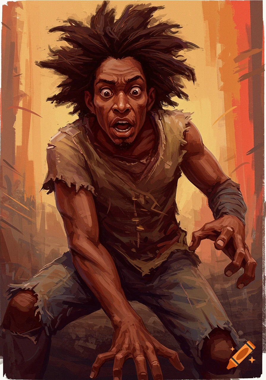 Illustration of a man with spiky hair and ragged clothes, looking scared with wide eyes and mouth open.
