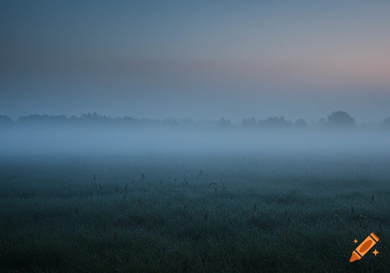 Misty field at dawn or dusk with trees visible in the background fog.