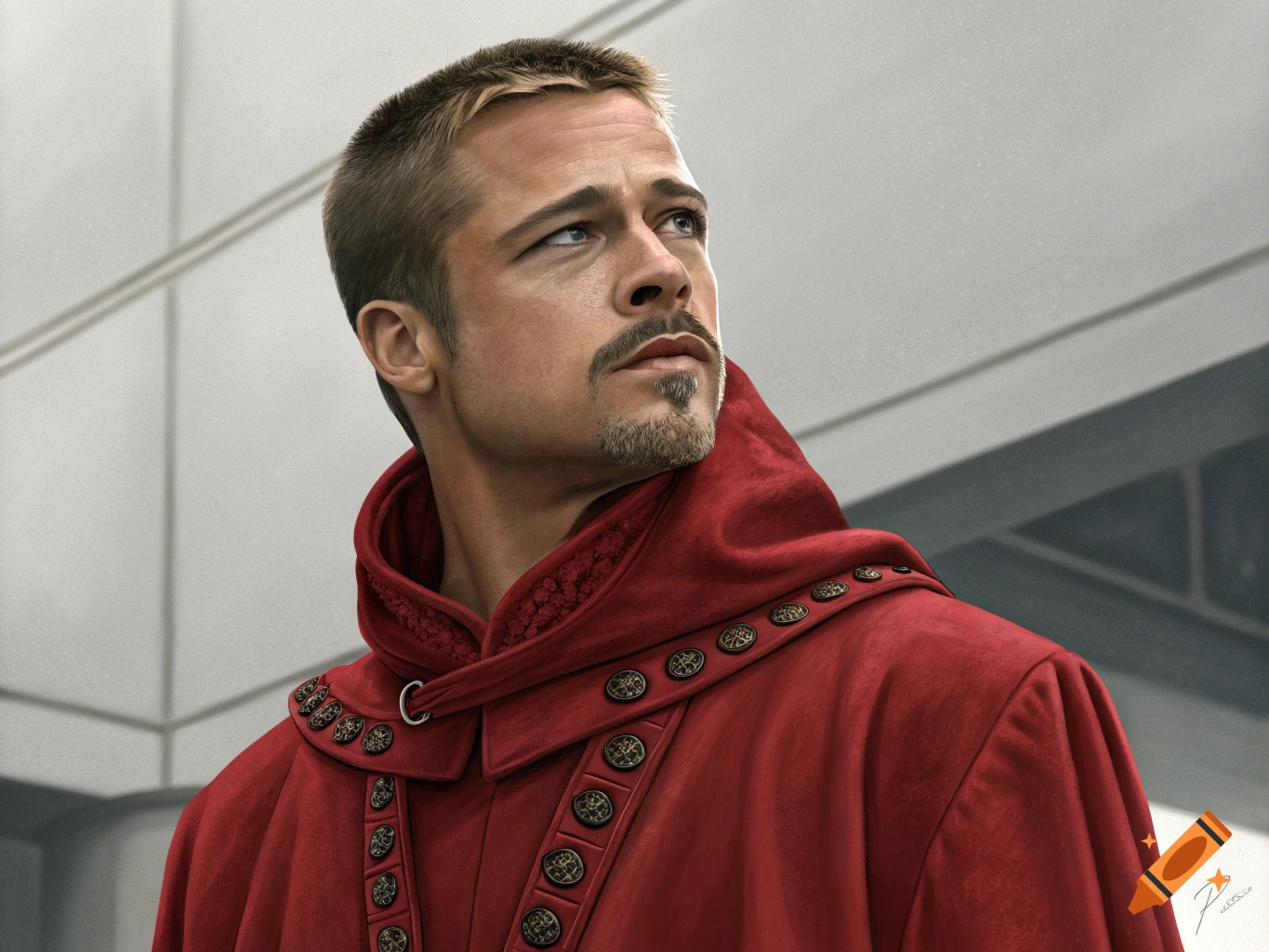 Realistic portrait of Brad Pitt wearing a red hooded robe with decorative buttons.