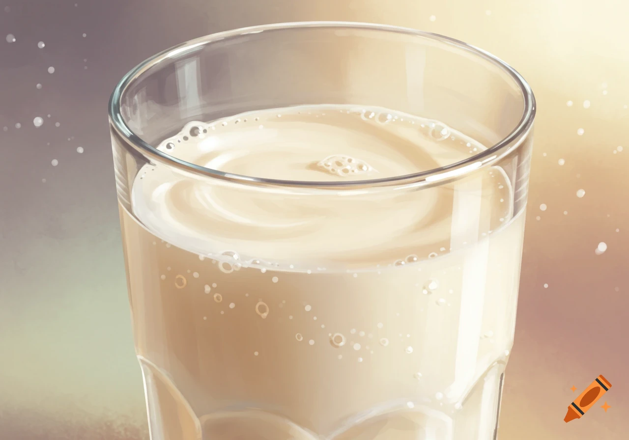 Close-up of a glass filled with milky white liquid and bubbles.
