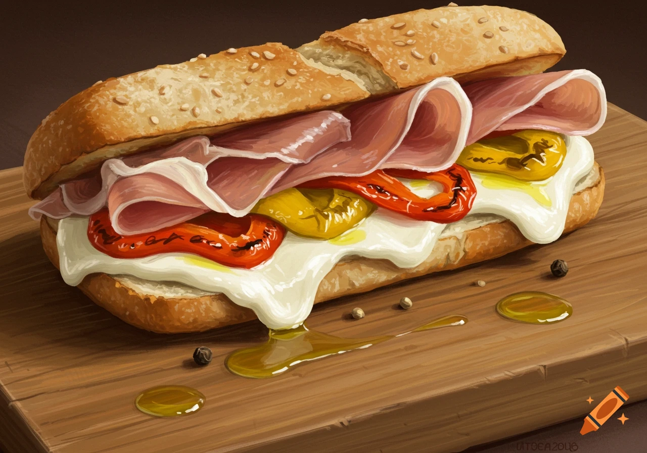 Close-up illustration of a prosciutto, mozzarella, and roasted pepper sandwich on a wooden board.