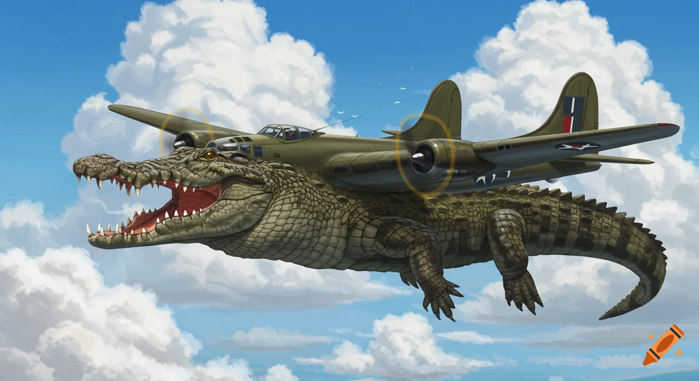 An illustration of a large crocodile flying in the sky with a bomber plane mounted on its back.