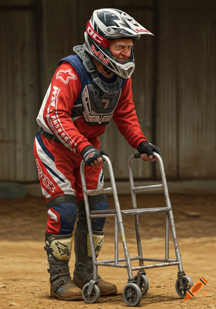 A photorealistic image of an old man in full motocross gear and helmet standing and pushing a walker on a dirt ground.