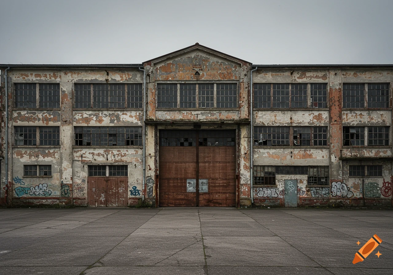 Front view of an old, weathered warehouse with peeling paint, broken windows, large doors, and graffiti.