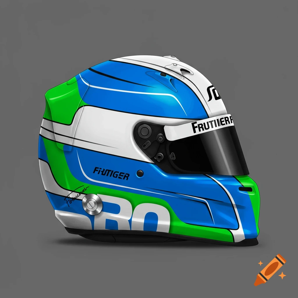 Racing helmet with blue, green, and white stripes and black accents.