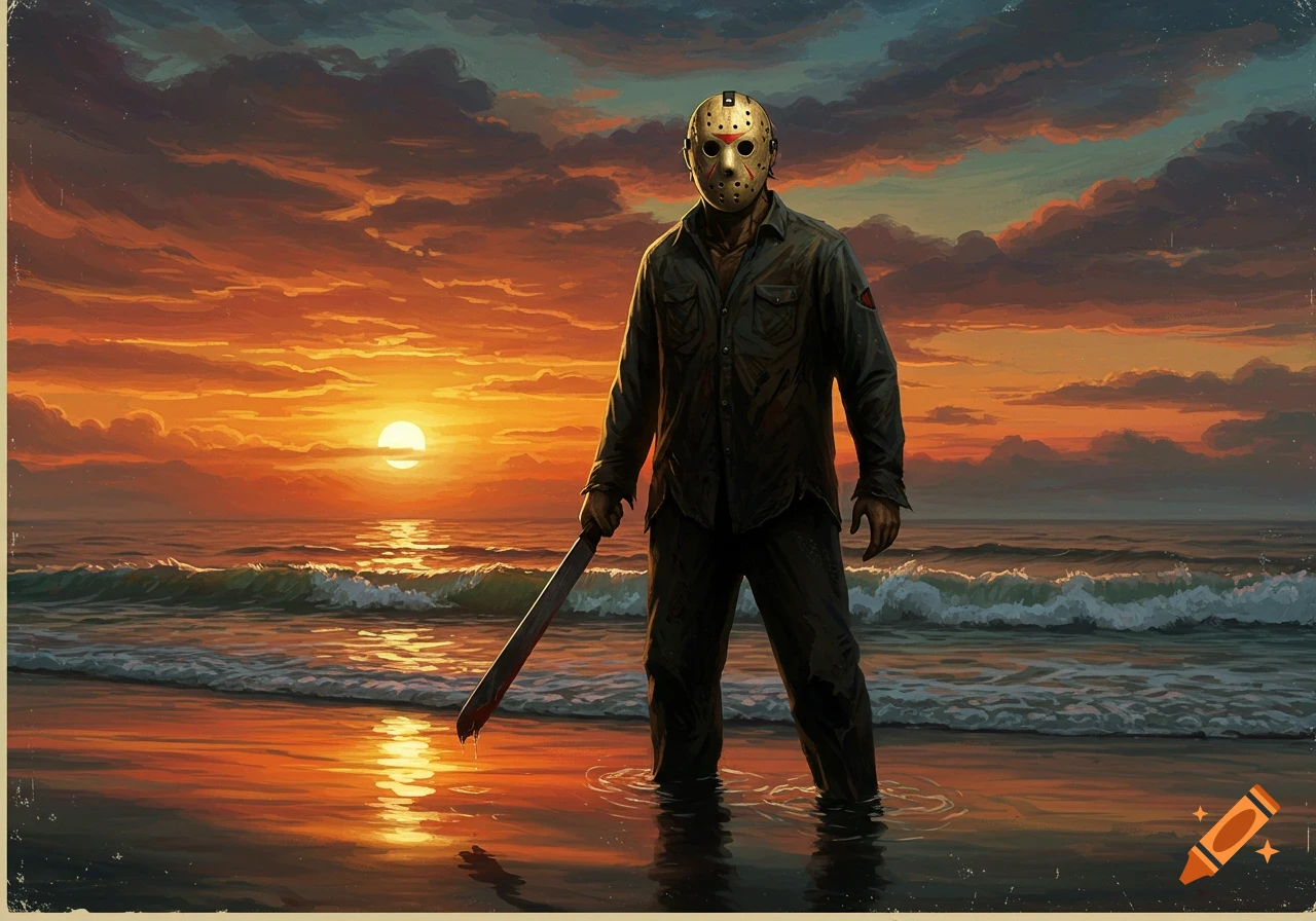Jason Voorhees stands in shallow water on a beach at sunset holding a machete. Stylized illustration.