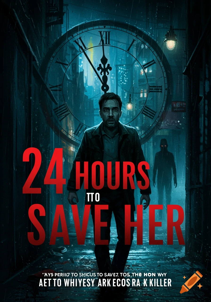 Book cover featuring a man in a rainy city street with a clock tower and ominous silhouette behind him.