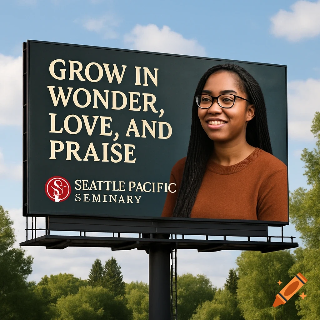 Billboard advertising Seattle Pacific Seminary with motto and a person.