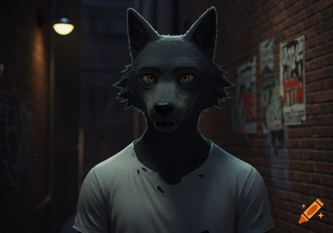 A humanoid wolf in the Beastars art style stands in a dark alley.