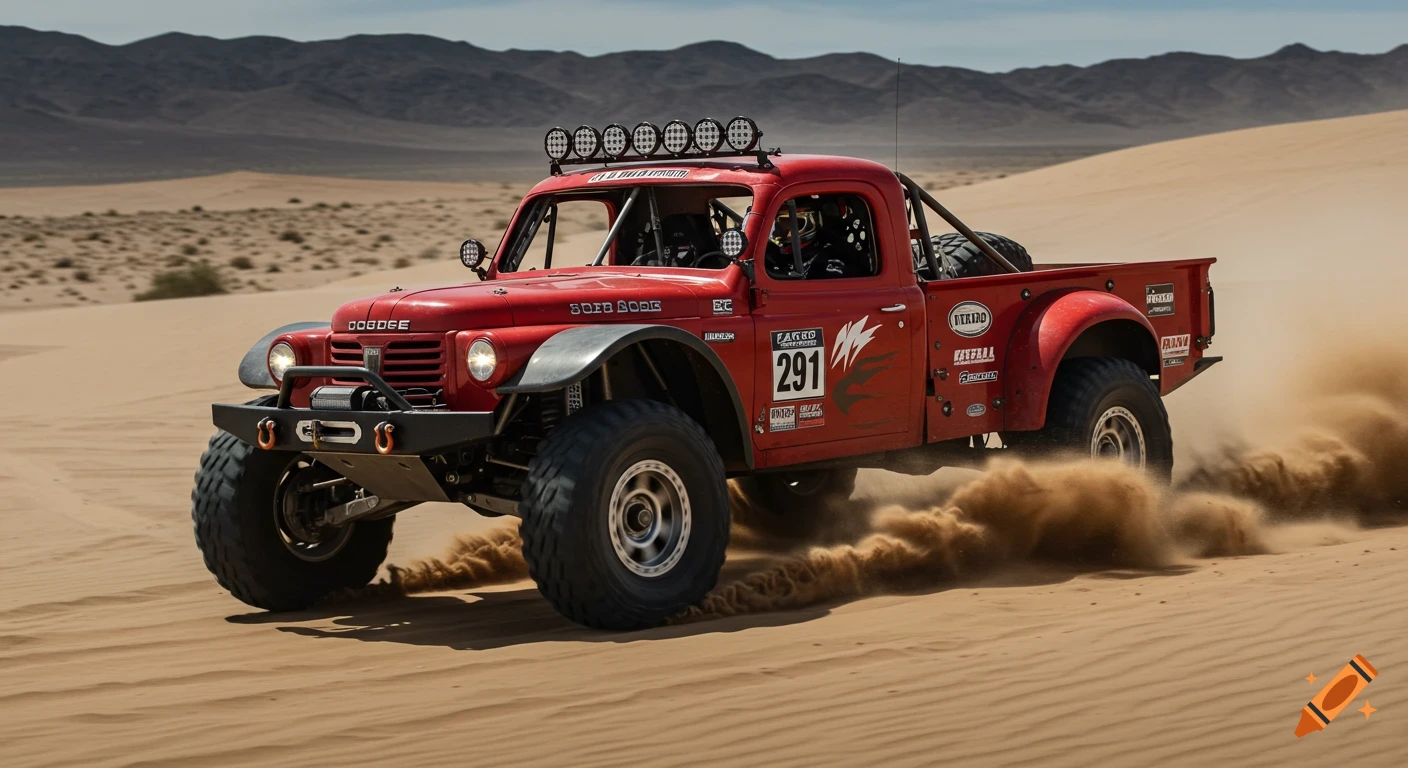 Red custom Dodge Power Wagon trophy truck kicks up dust while driving in a desert.