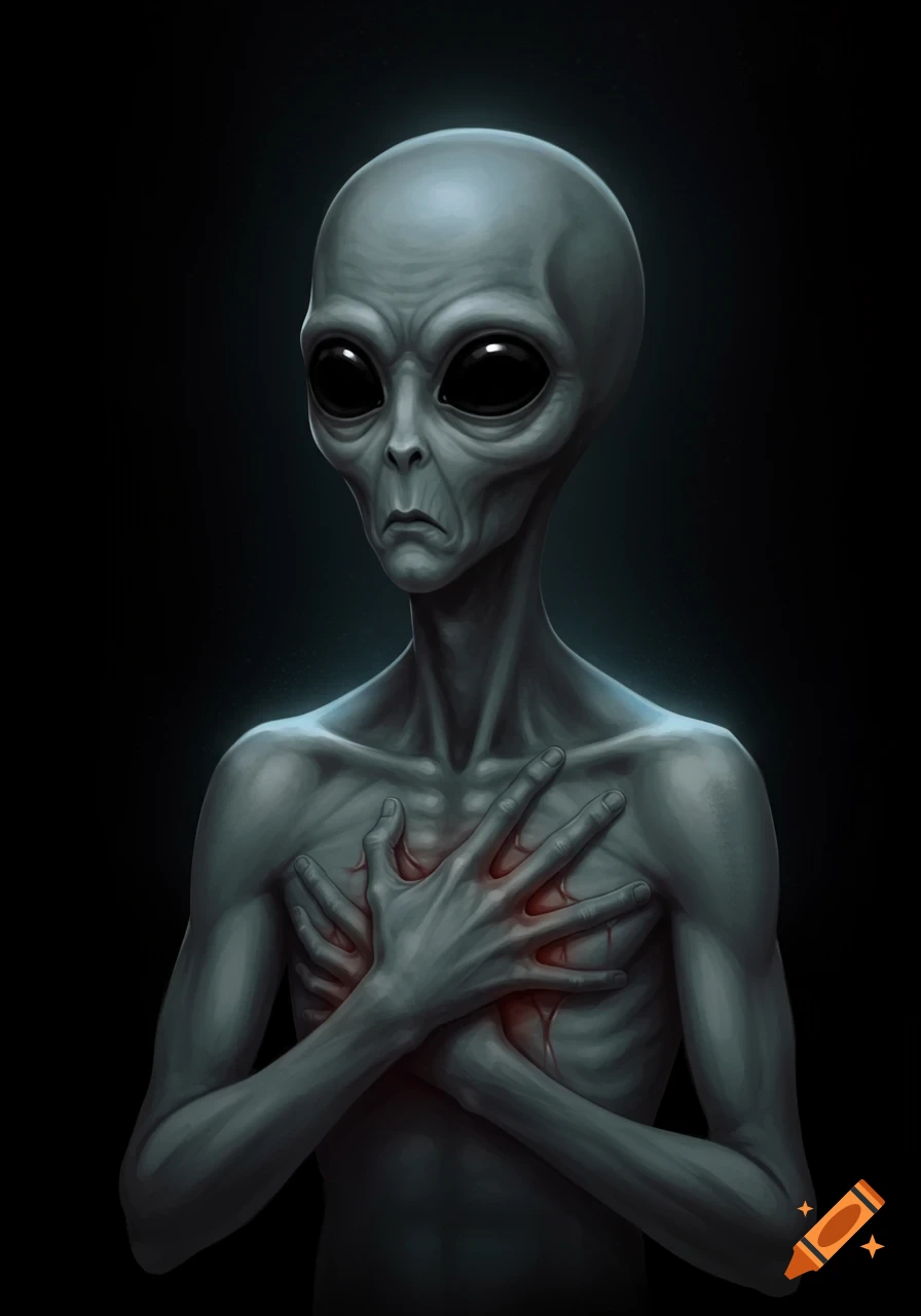 A gray alien with dark eyes clutches its chest in pain in a dark setting.