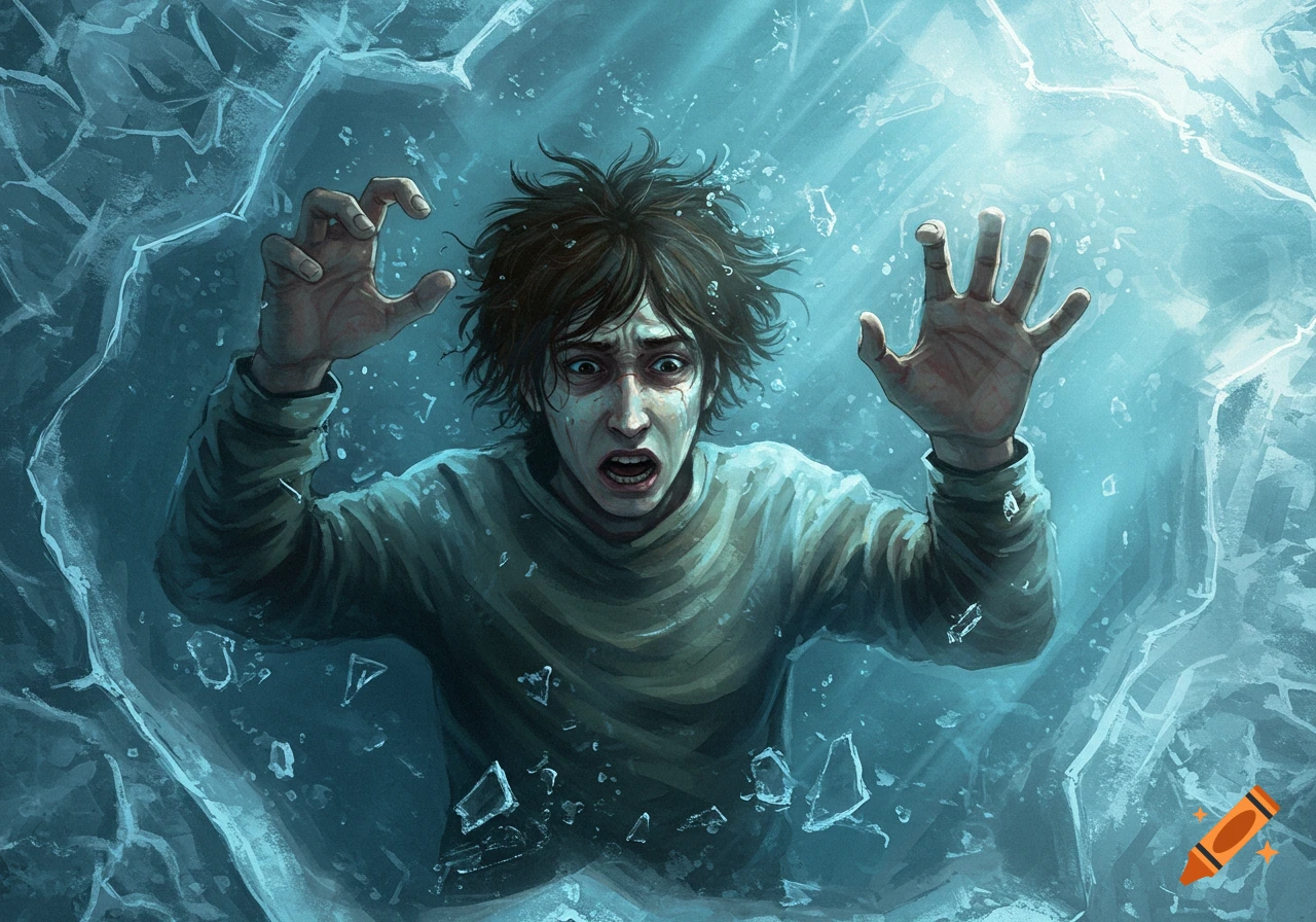 Illustration of a person trapped under cracked ice, reaching upwards with a distressed expression.