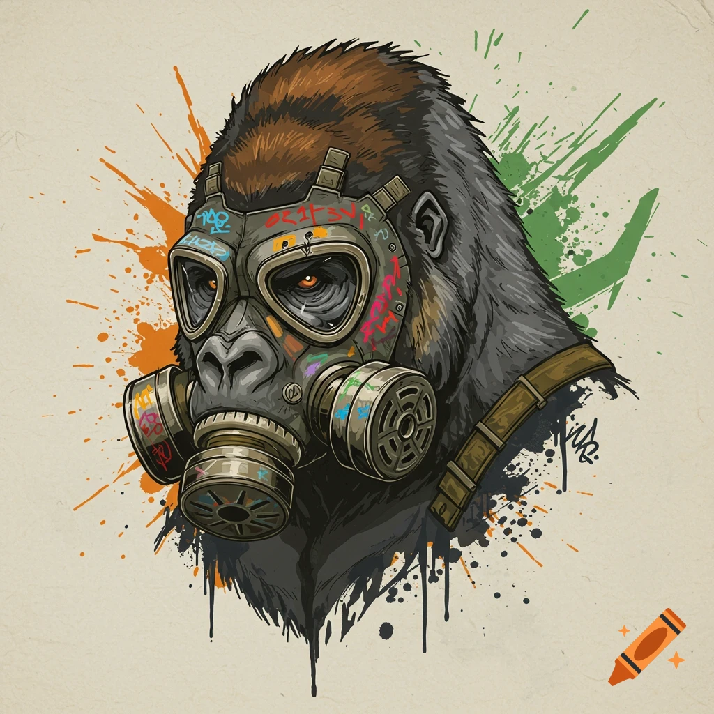 Illustration of a gorilla head wearing a gas mask with graffiti and paint splatter, in a distressed style.