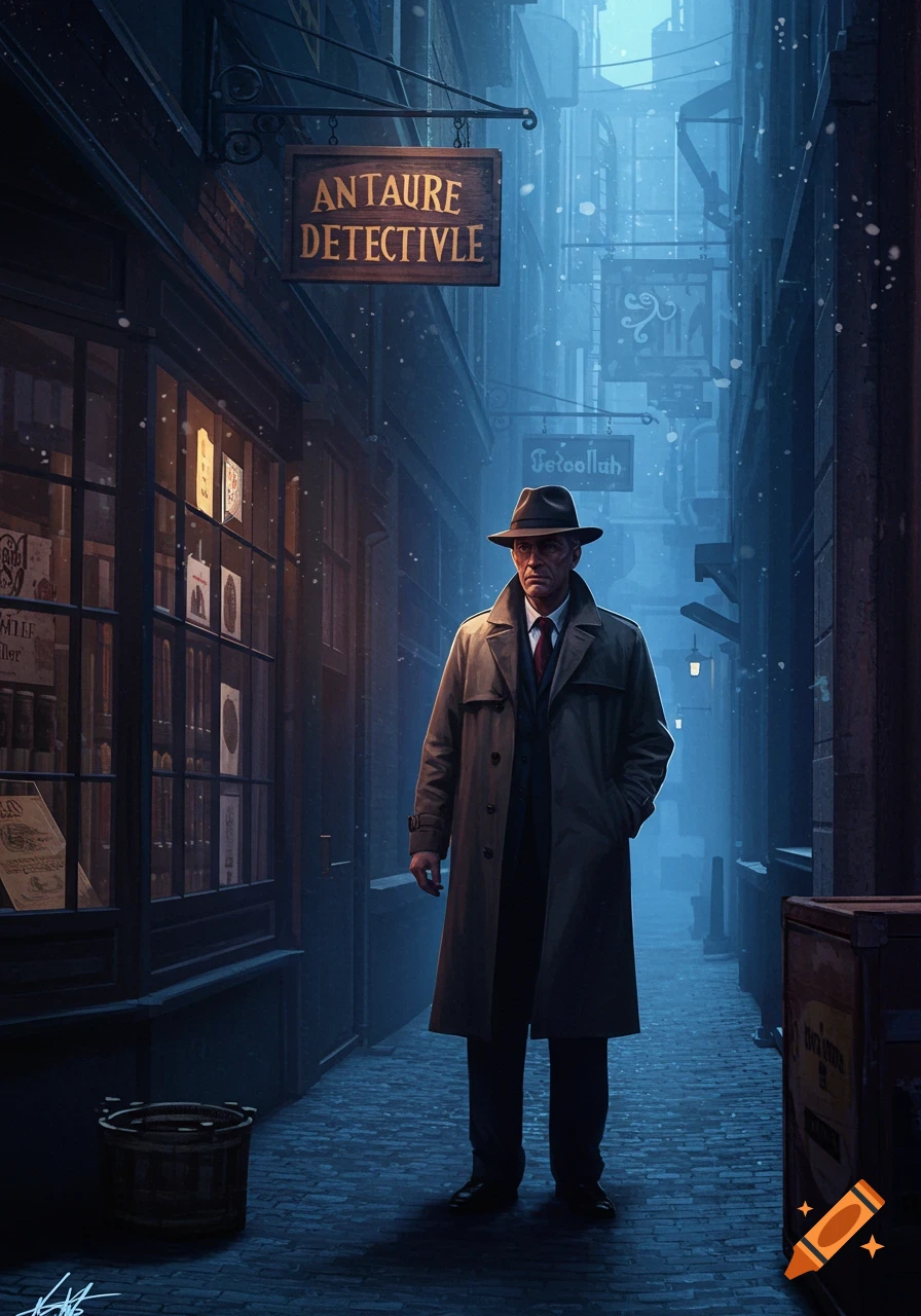 Illustration of a man in a trench coat and hat standing in a dark ...