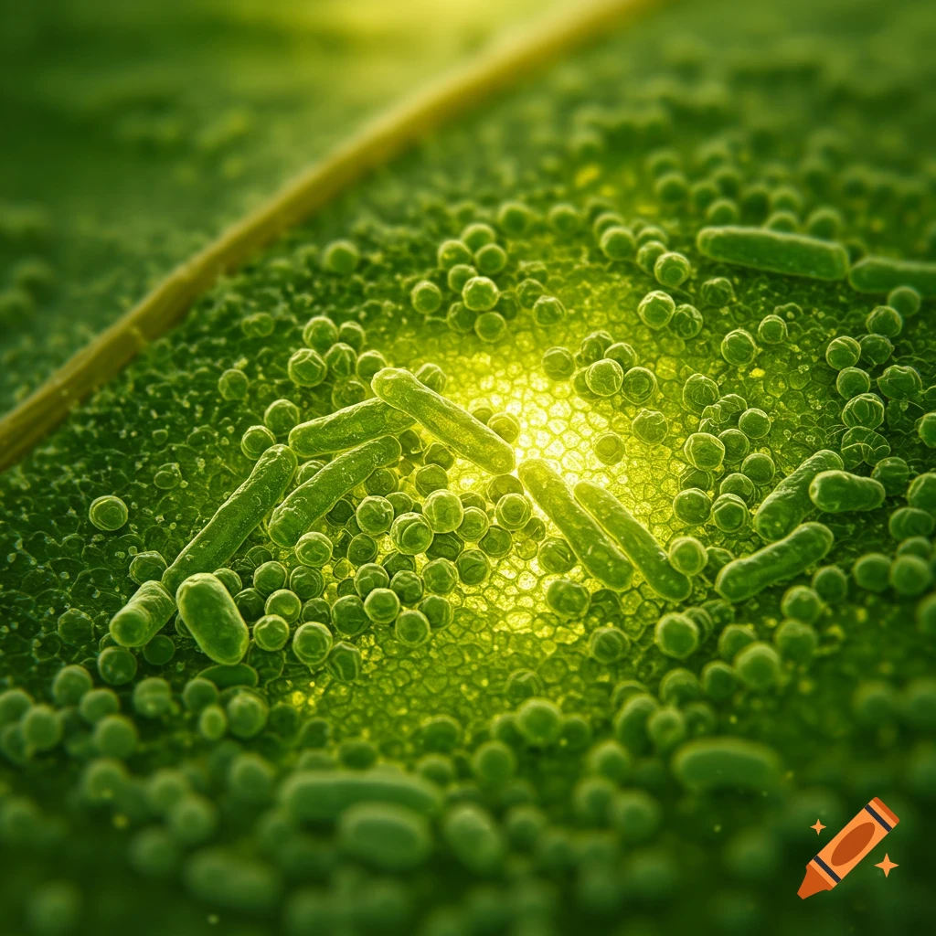 Microscopic view of green rod-shaped and spherical bacteria or cells on a textured surface under bright light.