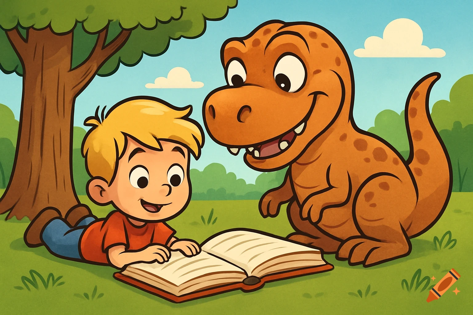 Cartoon boy and friendly T-Rex reading a book together under a tree.