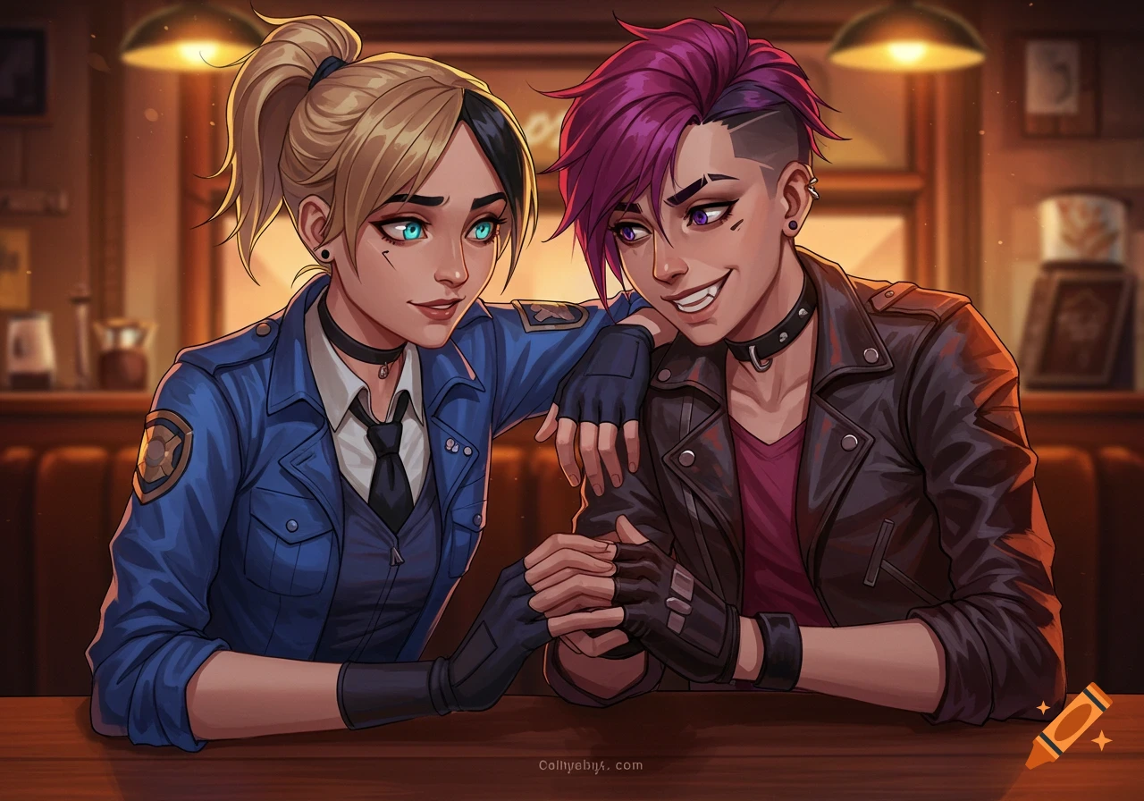 Two women, one in a police uniform and one in a leather jacket, sit at a table in a cafe, holding hands and smiling. Illustration in an anime style.