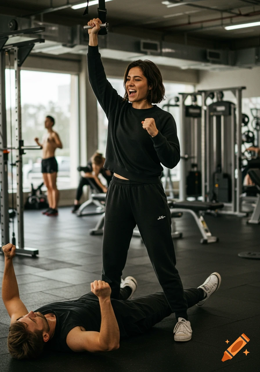 Woman celebrates over a man on the floor in a gym after a workout.