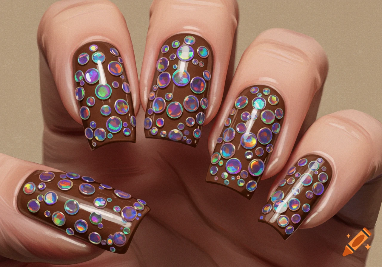 Close-up of brown nails adorned with small, sparkling rainbow holographic circles