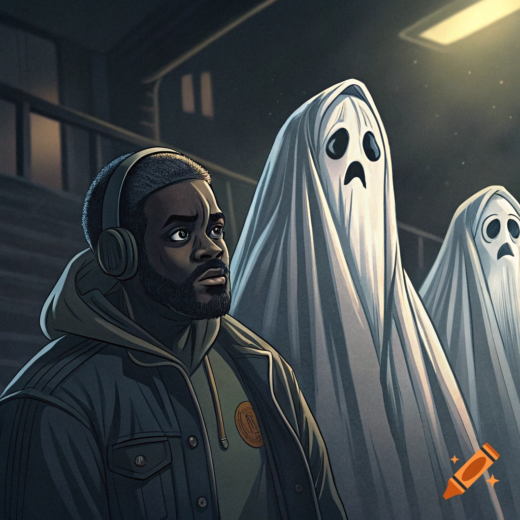 Digital illustration of a man with headphones standing next to three sheet ghosts.