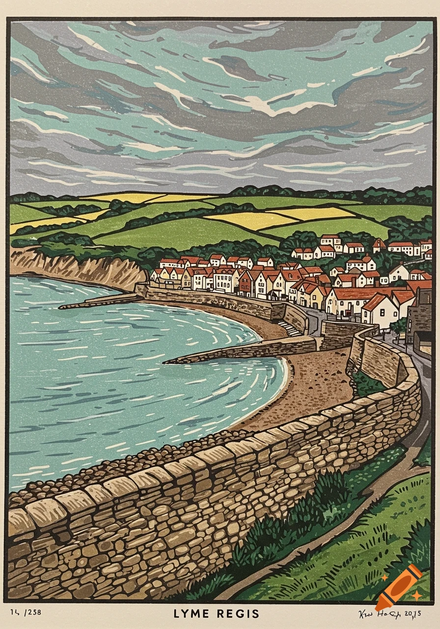 Lino print of a coastal town with a curved stone wall and beach