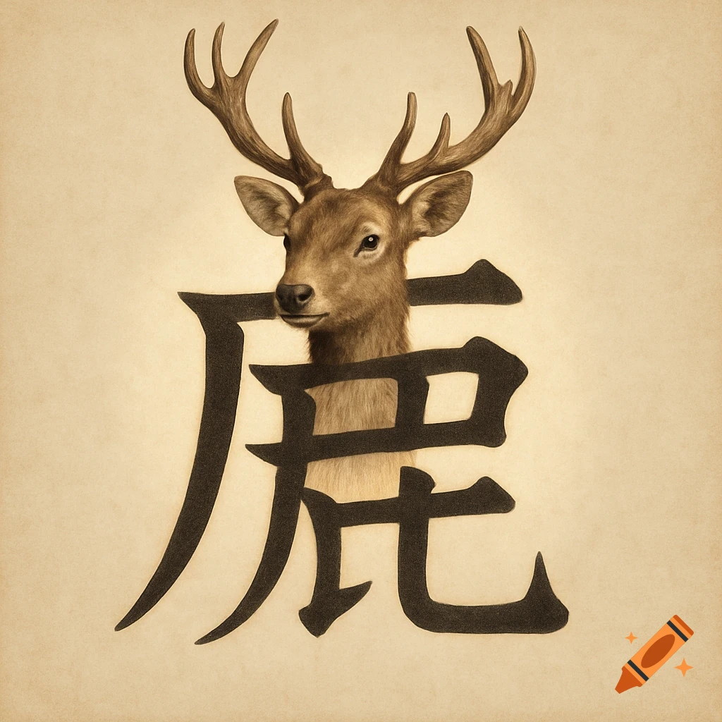 Photorealistic deer emerging from the Chinese character for "deer" on a parchment background.