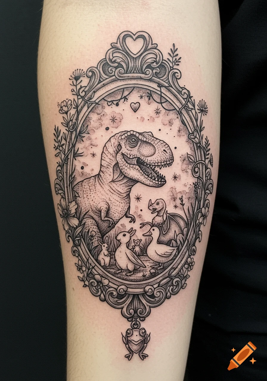 Black and grey tattoo of a T-Rex with small animals (bunny, duck, bat) in a framed vignette on a forearm, with a frog charm.